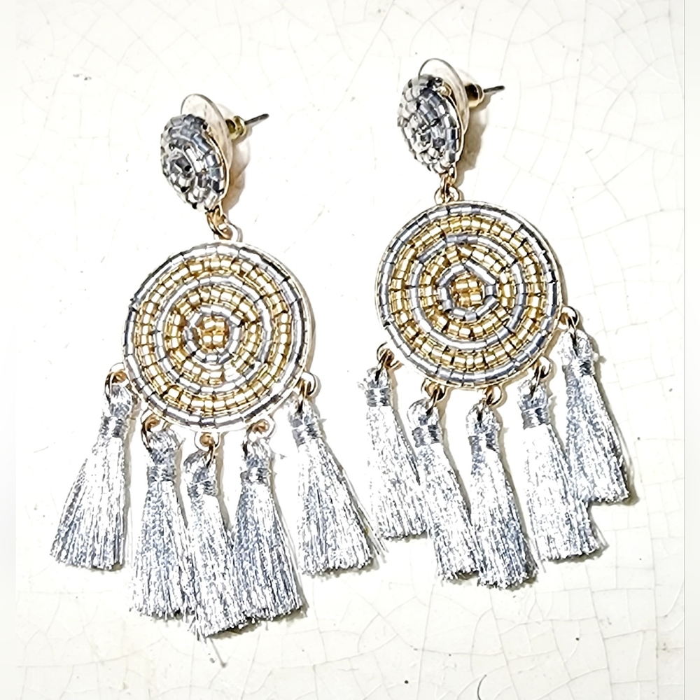 Silver and gold seed Bead tassle bohemian dreamcatcher earrings